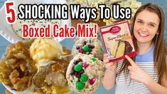 a woman holding up a box of cake mix next to other foods and desserts