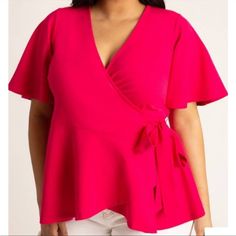 Eloquii Peplum Wrap Tee. True Wrap, Short Flutter Sleeves. Magenta, Perfect For Spring! Nwt. Red Tunic Top, Peplum Wrap Top, Dark Blue Shirt, Sheer White Blouse, Heart Blouse, Tiered Blouse, Yellow Knit, Wrap Shirt, Black Lace Tops