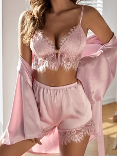 Lingerie Rosa, Pijamas Women, Pink Lingerie, Lace Cami Top, Cute Lingerie, Satin Pyjama Set