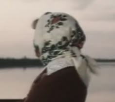 a woman with a scarf on looking out over the water at something in the distance