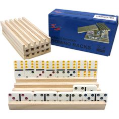 two dominoes and one set of wooden dominos