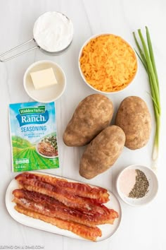 the ingredients to make this dish include potatoes, bacon, cheese and ranch seasoning