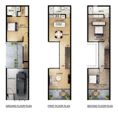 three floor plans for a two story house