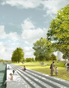 an artist's rendering of people walking and sitting on the grass next to water