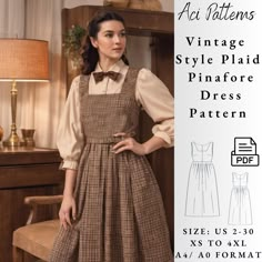 an image of a woman wearing a dress and bow tie with the words vintage style plaid pinafor dress pattern