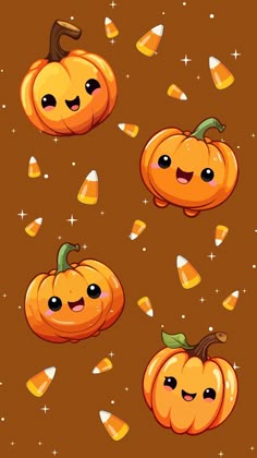 three cartoon pumpkins with faces and candy on them, all in different shapes and sizes