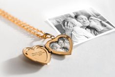 "Note: After placing your order you will receive an email with detailed instructions on how to upload your photos Gold Lockets all come with clear protective coverings for the photo on the inside. You can add hair to your locket by removing the plastic inserts then inserting them back. Your locket can have a picture permanently lasered inside or a photo print that fits perfectly. Alternatively you can also add your own photo prints at home. You can engrave your locket with a personalized message Elegant Heart Locket Necklace For Personalized Gift, Rose Gold Locket Jewelry For Personalized Gift, Personalized Heart Locket Jewelry, Elegant Gold Heart Keepsake Necklace, Elegant Gold Heart Necklace For Keepsake, Elegant Personalized Medallion Heart Necklace, Personalized Medallion Heart Necklace, Charm Pendant Jewelry For Anniversary Gift, Heart Charm Medallion Jewelry For Anniversary Gift