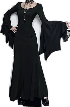 Fitted Long Sleeve Halloween Dress, Fitted Dress For Halloween Evening, Fitted Evening Dress For Halloween, Witchy Dresses For Halloween Costume Party, Gothic Fitted Floor-length Dress, Fitted Gothic Floor-length Dress, Fitted Floor-length Gothic Dress, Black Vampire Dress For Halloween, Halloween Vampire Style Black Dress