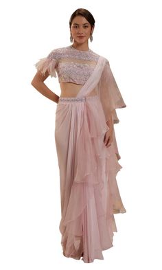 Pink pre-draped saree in georgette base. Paired with a blouse intricate cutdana, sequin, moti embroidery, fringed sleeves and an embellished belt. - Aza Fashions Ruffled Saree, Saree Gowns, Dhoti Saree, Cotton Sarees Handloom, Draped Saree, Fringe Fabric, Ruffle Saree, Embellished Belt, Drape Saree