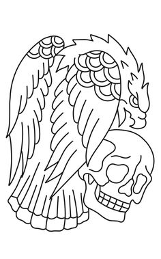 a black and white drawing of a skull with an eagle on it's head