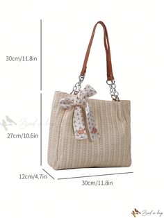 Bird in Bag - Exquisite Oversized Woven Beach Bag featuring Silk Scarf Embellishment and Elegant Metal Chain Shoulder Strap for Women Trendy Beach Bag With Chain Strap, Beach Shoulder Bag With Chain Strap, Summer Bags With Chain Strap For Daily Use, Elegant Tote Shoulder Bag For Beach Season, Casual Beige Bag With Chain Strap, Summer Beige Bag With Chain Strap, Beige Bags With Chain Strap For Summer, Elegant Large Capacity Shoulder Bag For Beach, Beige Bag With Chain Strap For Summer