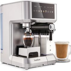 an espresso machine next to a cup of coffee