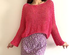 "Pink loose  cotton top Color on the photo : PINK Size on the photo: M ✔️55 % cotton  ✔️45 % acrylic  PRE-ORDER READY TO SHIP sweaters there: https://www.etsy.com/shop/TianashopUa?section_id=27482280 This sweater has  a loose weave, it may stretch, therefore the size measurement various.   Dimensions for XS size: Length - 44 cm. / 14.9\" Width - 48-53 cm. / 18.9\"-20.8\" Sleeve lenght - 62-65cm. /24.4\"-25.5\" Sleeve girth- 28cm. / 11\" Weight - 0.19 kg. /6.7oz Dimensions for S size: Length - 44 cm. / 14.9\" Width - 50-55 cm. / 19.6\"-21.6\" Sleeve length - 62-65cm. /24.4\"-25.5\" Sleeve girth  - 28 cm. / 11\" Weight - 0.19 kg. /6.7oz Dimensions for M size: Length - 45 cm. / 17.7\" Width - 54-58 cm. / 21.2\"-22.8\" Sleeve lenght - 68-70 cm. /26.7\"-27.5\" Sleeve girth- 30 cm. / 11.8\" Weig Summer Knitted Tops For Loungewear, Bohemian Chunky Knit Tops For Spring, Oversized Knitted Top For Spring, Spring Beach Sweater In Chunky Knit, Pink Knit Top For Summer Day Out, Spring Relaxed Fit Knitted Top, Pink Knit Sweater For Vacation, Spring Chunky Knit Beach Sweater, Spring Chunky Knit Sweater For Beach