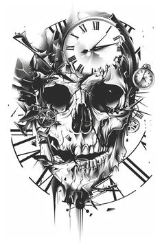 a black and white drawing of a skull with a clock on it's face