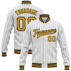 Custom White Black Pinstripe Gold Bomber Full-Snap Varsity Letterman Jacket Jacket Baseball, Varsity Letterman Jackets, Brown Pinstripe, Team Jackets, Letterman Jacket, 3d Pattern, Baseball Jacket, Baseball Shirts, Kelly Green