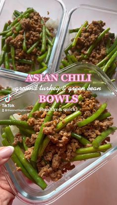 three plastic containers filled with green beans and ground meat on top of each other,