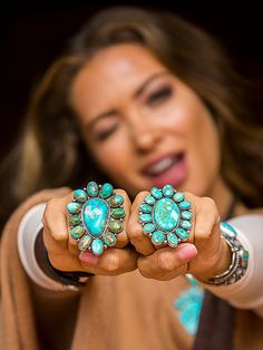 A beautiful mix of Royston, Piolet Mountain and Sonoran gold cluster rings! No words needed here to describe these amazing works of art. Big bold Royston NV turquoise, Native made for Brit West. Available in Green or Blue. On solid sterling silver. These look great with our cluster pendants, and when ordered together we make sure to match them. Pendants shown on our braided leather necklaces or 5 strand Navajo pearls! We can build these in bigger Mas Grande sizes as well. Contact us for pic of c Braided Leather Necklace, Leather Necklaces, Navajo Pearls, Cluster Rings, Cluster Pendant, Braided Leather, Leather Necklace, Cluster Ring, Turquoise Jewelry