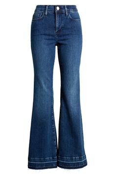 Released raw hems relax the style of casual-chic flare jeans made from soft, lightweight stretch denim in a polished dark-indigo wash. 31" inseam; 22" leg opening; 11" front rise; 15" back rise (size 29) Zip fly with button closure Five-pocket style 77% cotton, 18% modal, 4% elasterell-p, 1% elastane Machine wash, dry flat Made in Turkey Flare Jeans Aesthetic, Dark Blue Flare Jeans, X Mas List, Lorelai Gilmore Style, Gilmore Style, Dark Flare Jeans, Released Hem Jeans, Jeans For Fall, Raw Denim Jeans