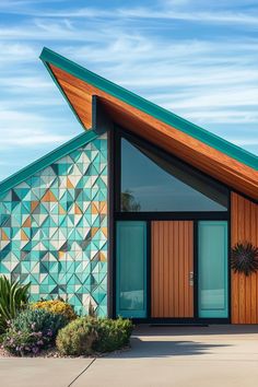 a colorful building with a green roof and wooden door