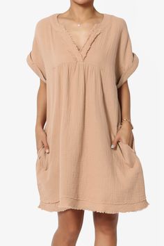 Milly Gauze V-Neck Babydoll Shift Mini Dress BRUSH_1 Flowy Cotton Boho Dress With V-neck, Cotton V-neck Mini Dress, Summer V-neck Mini Dress With Relaxed Fit, Relaxed Fit V-neck Mini Dress For Summer, Relaxed Fit V-neck Mini Dress For Vacation, Solid Color Relaxed Fit Mini Dress For Summer, Cotton V-neck Boho Hippie Dress, Casual Tunic Mini Dress For Daywear, Beige Flowy Boho Dress Casual Style