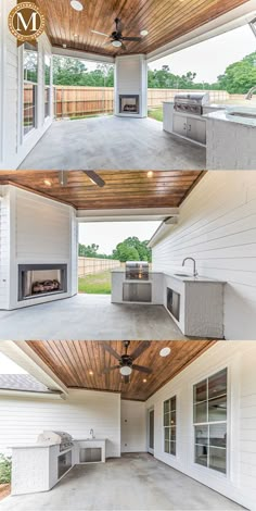 an outdoor kitchen and living room are shown in three different views, including the ceiling