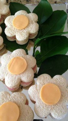 small cookies with peanut butter on them are arranged in the shape of flowers and leaves