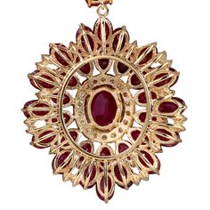 Stamped: 14K Yellow GoldTotal Necklace Weight: 36.0 GramsNecklace Length: 17 InchesNecklace Width: N/AGemstone Weight: Total Natural Center Ruby Weight is 2.35 Carat (Measures: 9.05x6.89 mm)Color: RedGemstone Weight: Total Natural Side Ruby Weight is 56.65 CaratColor: RedDiamond Weight: Total Natural Diamond Weight is 1.00 CaratColor: F-G, Clarity: VS2-SI1Face Measures: 39.77x34.99 mmSku: [702592W] Exquisite Multi-stone Oval Jewelry, Exquisite Oval Multi-stone Jewelry, Round Gold Gemstones Fine Jewelry, Exquisite Ruby Pendant Jewelry, Gold Multi-stone Jewelry For Celebration, Formal Yellow Gold Gemstone Pendant, Yellow Gold Multi-stone Round Jewelry, Yellow Gold Multi-stone Jewelry, Dazzling Multi-stone Yellow Gold Jewelry