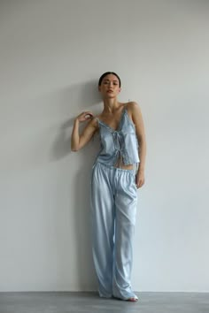 Blue pure silk pajama set with lace details  and pants Silk women pajama set Bridesmaid gi Long Pjs Aesthetic, Long Pyjama Set, Satin Pajama Party, Pajama Set Silk, Cute Pajamas Silk, High End Loungewear, Winter Pajamas Women Cozy, Cute Pjs Silk, Light Blue Silk Pajamas