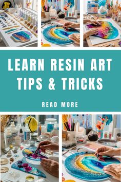 Collage showing hands crafting vibrant resin art with text: "Learn Resin Art Tips & Tricks - Read More". Using Epoxy Resin Projects, Resin Beginner How To Make, Diy Wood And Resin Projects, Epoxy Resin Beginner, Resin How To Make Diy, Resin Tips For Beginners, Sellable Resin Crafts, Dollar Store Resin Crafts, Resin Over Paper