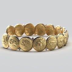 Discover our Italian Gold Cuff Bracelet, a stunning blend of history, elegance, and luxury. Crafted in Italy from 18k/14k genuine gold, it features 15 antique Greek and Roman coin reproductions alongside natural diamonds. This bracelet is a modern masterpiece with a timeless touch, capturing the essence of ancient civilizations and Italian craftsmanship. It's not just jewelry; it's a symbol of heritage and sophistication, making it an exquisite addition to any collection. Wrist measurement: Large 159- 171 mm 6.26-6.75 in. Gemstones : 0,18 Ct total w. 18k or 14k Gold Designed and crafted in Italy