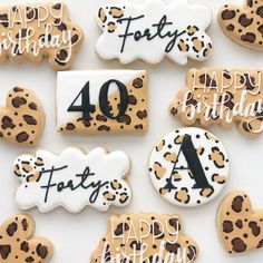 cookies decorated to look like leopard print with the number forty and happy birthday written on them