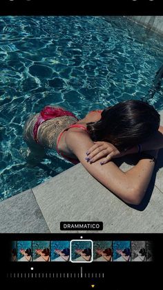 a woman laying on the side of a swimming pool