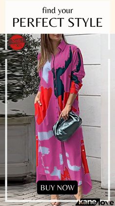 Casual Street Geometric Printing Turndown Collar Shirt Dress Dresses Casual Abstract Print Fall Dress, Casual Abstract Print Dress For Fall, Casual Long Sleeve Maxi Dress With Abstract Print, Trendy Long Midi Dress For Spring, Trendy Long Sleeve Dresses With Pockets, Trendy Multicolor Shirt Dress For Fall, Casual Long Sleeve Midi Dress With Abstract Print, Spring Red Maxi Dress With Abstract Print, Red Maxi Dress With Abstract Print For Spring