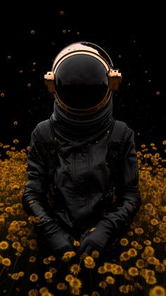 an astronaut sitting in the middle of a field with dandelions all around him