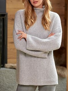 Grey Knitted Turtleneck Long Sleeve Plus Size Sweater Cozy Knit Sweater Dress For Fall, Fall Chunky Knit Sweater Dress, Casual Textured Knit Sweater Dress For Fall, Fall Chunky Knit Crew Neck Sweater Dress, Cozy Knitted Sweater Dress For Fall, Fall Soft Knit Sweater Dress With Crew Neck, Solid Chunky Knit Sweater For Winter, Winter Solid Chunky Knit Turtleneck, Cozy Knitted Sweater Dress