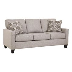 This is an urban loft track arm queen sleeper sofa that is apartment sized. The smaller footprint will fit into any floor plan. The sofa is in a great neutral and natural linen color woven fabric with two Moroccan tile motif pillows in shades of gray and brown. This sleeper sofa utilizes Revolution Performance fabrics. The back pillows are attached, and the seat chions are non-reversible. This allows everything to stay in place. Clean crisp lines for a modern appeal. This sofa can seat three com Queen Sleeper Sofa, Sofa Sleeper, Gray And Brown, Sectional Sleeper Sofa, Pull Out Bed, Urban Loft, Foot Print, Moroccan Tile, American Furniture