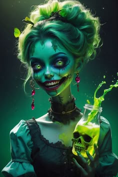 a woman with green hair and makeup holding a drink