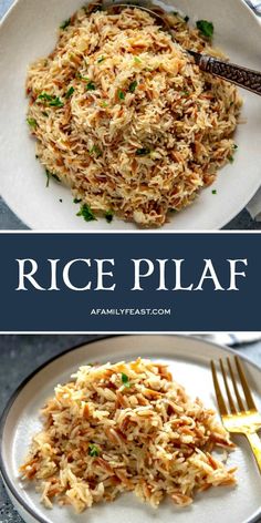 rice pilaf on a plate with fork and knife