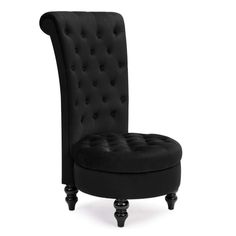 a black chair with buttons on it's back and foot rests against a white background