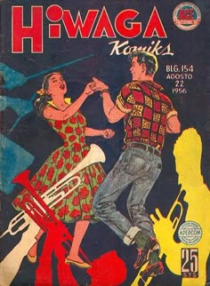 an old magazine cover with a man and woman on it's back, dancing