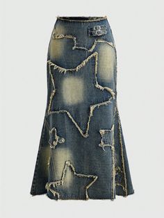 Star Pattern Raw Trim Denim Skirt, School Blue Casual   Denim Geometric A Line Non-Stretch  Women Clothing, size features are:Bust: ,Length: ,Sleeve Length: Knee Length Jean Skirts, Ripped Denim Skirts, Skirt School, 2000s Tops, Patchwork Denim Skirt, Upcycled Jeans, Y2k Skirts, Maxi Rok, Overall Jumpsuit