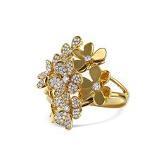 An exquisite floral bouquet. Crafted in 18 karat yellow gold, this bouquet consists of round diamonds around a few flowers within the ring. Make a statement with this piece. Luxury Gold Flower Ring For Women, Luxury Yellow Gold Flower Ring, Luxury Gold Flower-shaped Ring, Luxury Gold Flower-shaped Diamond Ring, Luxury Yellow Gold Nature-inspired Flower Ring, Big Flowers, High Jewelry, Floral Bouquets, Round Diamonds