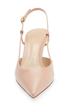 This slingback pump is fronted by a sharp pointy toe, lifted on a walkable kitten heel and detailed with a brand-signature ribbon-shaped buckle. 2 1/2" (64mm) heel (size 38.5) Adjustable slingback strap with buckle closure Leather upper, lining and sole Made in Italy Designer Shoes Elegant Pink Leather Kitten Heels, Elegant Pink Slingback Pumps With Wrapped Heel, Feminine Pink Slingback Pumps With Sculpted Heel, Elegant Pink Kitten Heels, Feminine Pointed Toe Slingback Pumps For Evening, Feminine Slingback Pumps With Sculpted Heel For Formal Occasions, Feminine Formal Slingback Pumps With Sculpted Heel, Feminine Formal Slingback Pumps With Almond Toe, Elegant Pink Low Heel Slingback Pumps