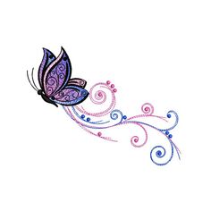 a purple and blue butterfly with swirls on it's wings, flying through the air