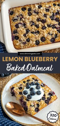 lemon blueberry baked oatmeal on a white plate