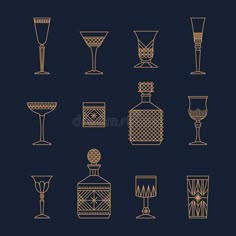 different types of wine glasses and bottles in line art style on black background stock photo