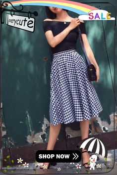 Women Black White Plaid High Waist Cotton A Line Skirts Spring Spring Black Cotton Skirt, Black Casual Summer Skirt, Casual Black Summer Skirt, Black Cotton Skirt For Summer, Retro Black Bottoms For Spring, Black Casual Skirt For Fall, Casual Black Skirt For Fall, Black Skirt For Summer Day Out, Casual Black Knee-length Skirt