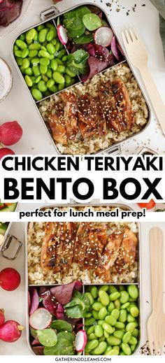 the chicken teriyaki bento box is packed with rice, peas and radishes