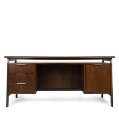 Ward Desk - desk with mid century design Mid Century Executive Desk, Dark Walnut Desk, Airy Office, Mid Century Office Desk, Displaying Trinkets, Writting Desks, Graces Room, Desk Blue, Desk Build