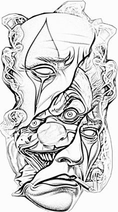 a drawing of a clown's face in black and white